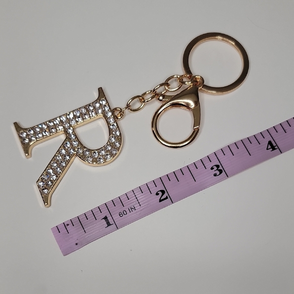 Letter R Initial R Alphabet R Rhinestone Gold Key Chain Bag Charm - Picture 3 of 7